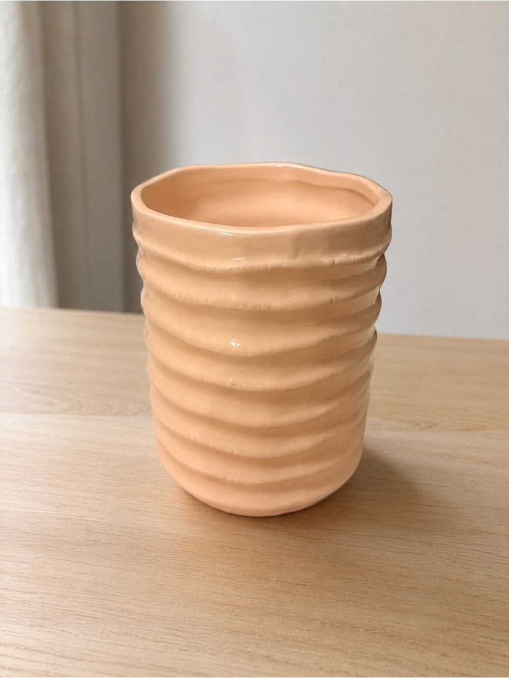Light Beige Ribbed Ceramic Planter or Decorative Vase